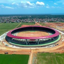 Bissau New Stadium erstrahlt in vollem Glanz: Aufgenommen mit einem Weitwinkelobjektiv direkt vor dieser atemberaubenden Sehenswürdigkeit in Guinea-Bissau