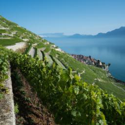 Corniche Lavaux Vineyards erstrahlt in vollem Glanz: Aufgenommen mit einem Weitwinkelobjektiv direkt vor dieser atemberaubenden Sehenswürdigkeit in Montreux