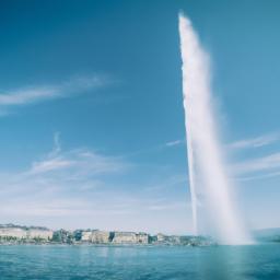 Der beeindruckende Jet d'eau in Genf, eine der berühmtesten Sehenswürdigkeiten der Schweiz, schießt Wasser bis zu 140 Meter in die Höhe.