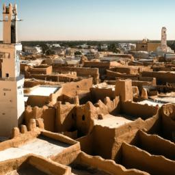 Ghadames Old Town erstrahlt in vollem Glanz: Aufgenommen mit einem Weitwinkelobjektiv direkt vor dieser atemberaubenden Sehenswürdigkeit in Libyen