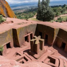 Lalibela Rock-Hewn Churches erstrahlt in vollem Glanz: Aufgenommen mit einem Weitwinkelobjektiv direkt vor dieser atemberaubenden Sehenswürdigkeit in Äthiopien