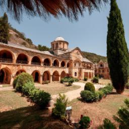 Agios Neophytos Kloster erstrahlt in vollem Glanz: Aufgenommen mit einem Weitwinkelobjektiv direkt vor dieser atemberaubenden Sehenswürdigkeit in Paphos