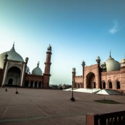 Badshahi Moschee erstrahlt in vollem Glanz: Aufgenommen mit einem Weitwinkelobjektiv direkt vor dieser atemberaubenden Sehenswürdigkeit in Pakistan