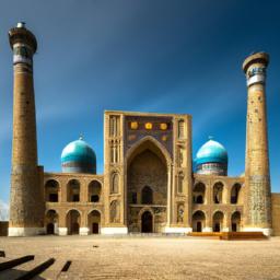 Blue Mosque, Mazar-i-Sharif erstrahlt in vollem Glanz: Aufgenommen mit einem Weitwinkelobjektiv direkt vor dieser atemberaubenden Sehenswürdigkeit in Afghanistan