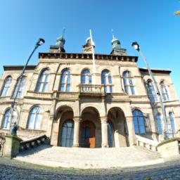 Esbjerg Rathaus erstrahlt in vollem Glanz: Aufgenommen mit einem Weitwinkelobjektiv direkt vor dieser atemberaubenden Sehenswürdigkeit in Esbjerg