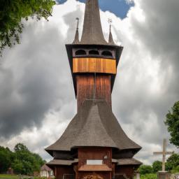 Holzkirchen von Maramures erstrahlt in vollem Glanz: Aufgenommen mit einem Weitwinkelobjektiv direkt vor dieser atemberaubenden Sehenswürdigkeit in Rumänien