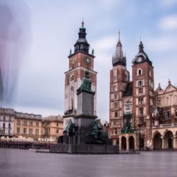 Marktplatz Krakau erstrahlt in vollem Glanz: Aufgenommen mit einem Weitwinkelobjektiv direkt vor dieser atemberaubenden Sehenswürdigkeit in Polen