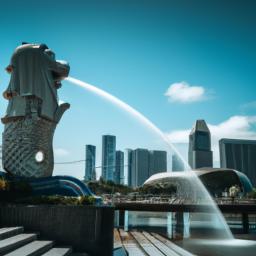 Merlion Park erstrahlt in vollem Glanz: Aufgenommen mit einem Weitwinkelobjektiv direkt vor dieser atemberaubenden Sehenswürdigkeit in Singapur