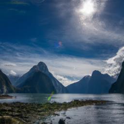 Milford Sound erstrahlt in vollem Glanz: Aufgenommen mit einem Weitwinkelobjektiv direkt vor dieser atemberaubenden Sehenswürdigkeit in Neuseeland