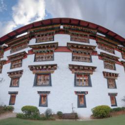 National Museum of Bhutan erstrahlt in vollem Glanz: Aufgenommen mit einem Weitwinkelobjektiv direkt vor dieser atemberaubenden Sehenswürdigkeit in Bhutan