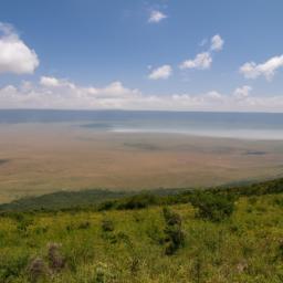 Ngorongoro-Krater erstrahlt in vollem Glanz: Aufgenommen mit einem Weitwinkelobjektiv direkt vor dieser atemberaubenden Sehenswürdigkeit in Tansania