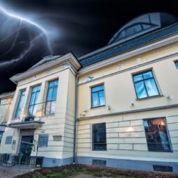 Nikola Tesla Museum erstrahlt in vollem Glanz: Aufgenommen mit einem Weitwinkelobjektiv direkt vor dieser atemberaubenden Sehenswürdigkeit in Serbien