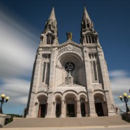 Sainte-Anne-de-Beaupré Shrine erstrahlt in vollem Glanz: Aufgenommen mit einem Weitwinkelobjektiv direkt vor dieser atemberaubenden Sehenswürdigkeit in Quebec City