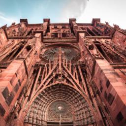 Straßburger Münster erstrahlt in vollem Glanz: Aufgenommen mit einem Weitwinkelobjektiv direkt vor dieser atemberaubenden Sehenswürdigkeit in Elsass