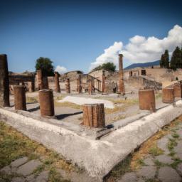 Pompeji, Kampanien erstrahlt in vollem Glanz: Aufgenommen mit einem Weitwinkelobjektiv direkt vor dieser atemberaubenden Sehenswürdigkeit in Italien