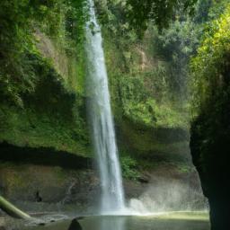 Pagsanjan Wasserfall erstrahlt in vollem Glanz: Aufgenommen mit einem Weitwinkelobjektiv direkt vor dieser atemberaubenden Sehenswürdigkeit in Philippinen