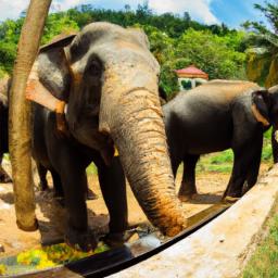Pinnawala Elefantenwaisenhaus erstrahlt in vollem Glanz: Aufgenommen mit einem Weitwinkelobjektiv direkt vor dieser atemberaubenden Sehenswürdigkeit in Sri Lanka