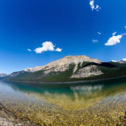 Pyramid Lake erstrahlt in vollem Glanz: Aufgenommen mit einem Weitwinkelobjektiv direkt vor dieser atemberaubenden Sehenswürdigkeit in Jasper