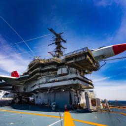 USS Midway Museum erstrahlt in vollem Glanz: Aufgenommen mit einem Weitwinkelobjektiv direkt vor dieser atemberaubenden Sehenswürdigkeit in San Diego