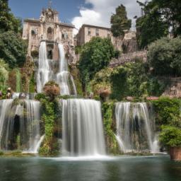 Villa d'Este, Tivoli erstrahlt in vollem Glanz: Aufgenommen mit einem Weitwinkelobjektiv direkt vor dieser atemberaubenden Sehenswürdigkeit in Italien